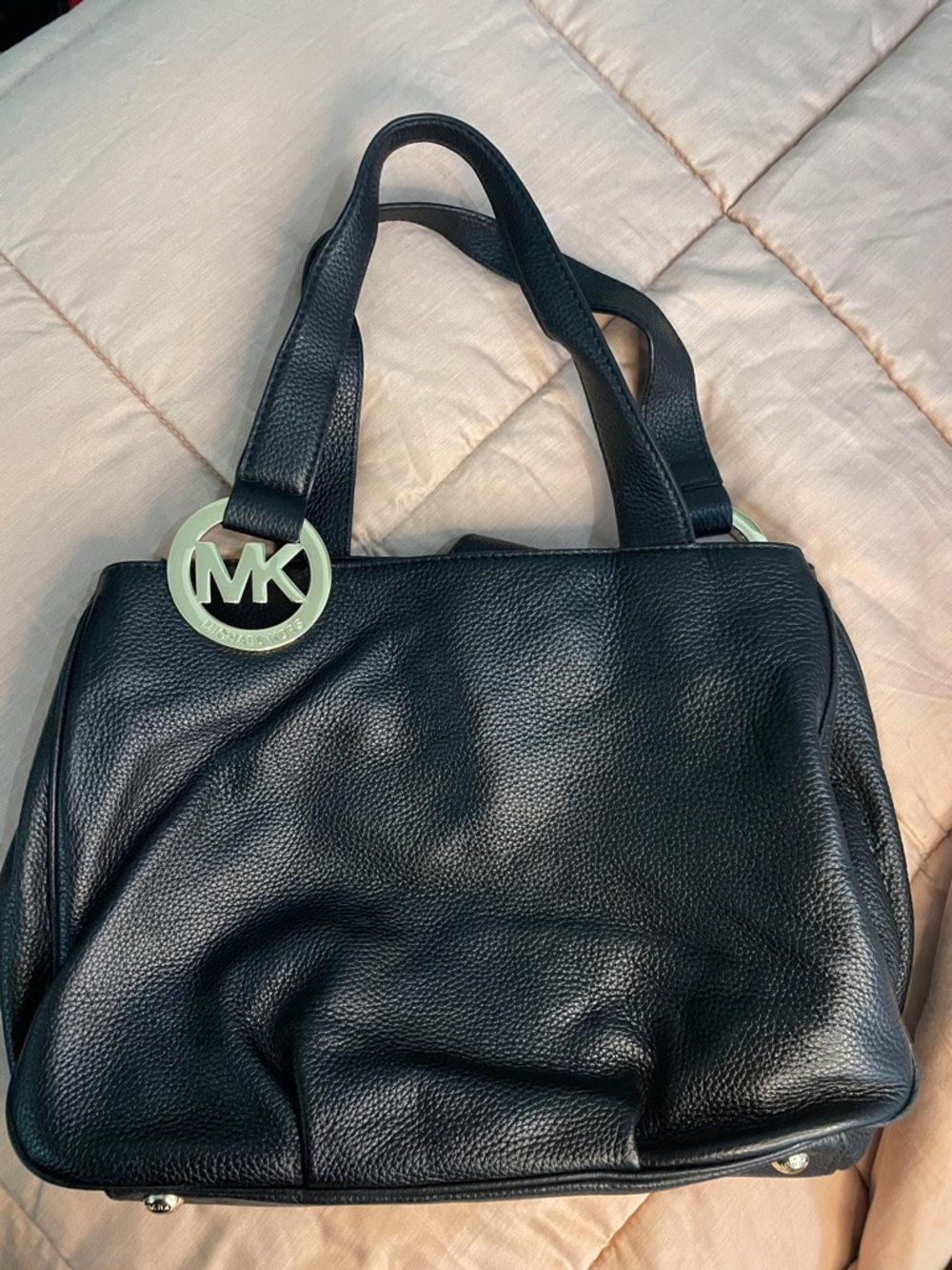 Michael Kors Fulton East Black Pebbled Leather Tote with MK Pendant